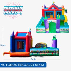 Alquiler de inflables en Costa Rica, Inflable Autobús Escolar, Medidas 5x5x3, Fuegos Artificiales Cross, Entretenimiento